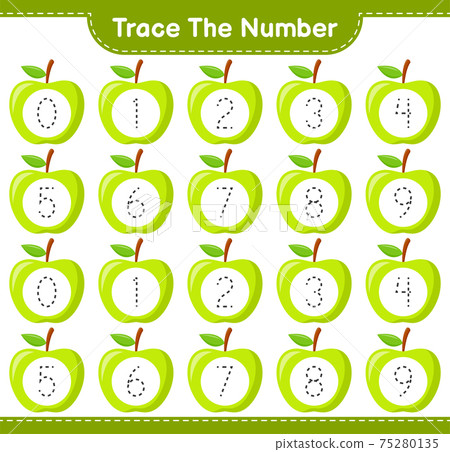 Trace the number. Tracing number with Apple. Educational children game, printable worksheet, vector illustration 75280135