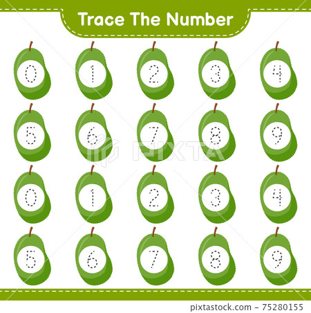 Trace the number. Tracing number with Jackfruit. Educational children game, printable worksheet, vector illustration Trace the number. Tracing number with Jackfruit. Educational children game, printable worksheet, vector illustration 75280155