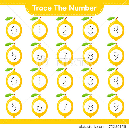 Trace the number. Tracing number with Lemon. Educational children game, printable worksheet, vector illustration Trace the number. Tracing number with Lemon. Educational children game, printable worksheet, vector illustration 75280156