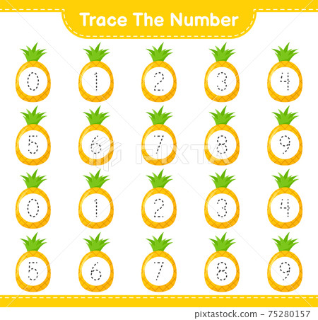 Trace the number. Tracing number with Pineapple. Educational children game, printable worksheet, vector illustration 75280157