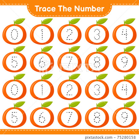 Trace the number. Tracing number with Tangerin. Educational children game, printable worksheet, vector illustration Trace the number. Tracing number with Tangerin. Educational children game, printable worksheet, vector illustration 75280158