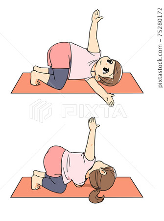 做瑜伽貓的一個扭轉的姿勢的婦女的例證 做瑜伽貓的一個扭轉的姿勢的婦女的例證 75280172