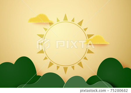 3d Paper cut abstract template background.Green wavy mountains geometrics shape with clouds and sun. 75280682