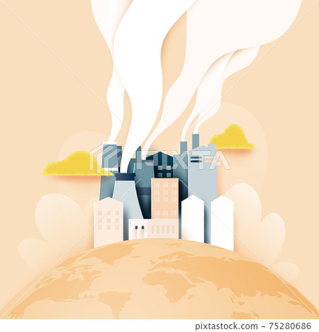 Paper art of the earth with smoke and air pollution from city and factory industry building.Stop global warming concept. 75280686