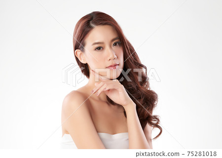 Beautiful young asian woman with clean fresh skin on white background, Face care, Facial treatment, 75281018