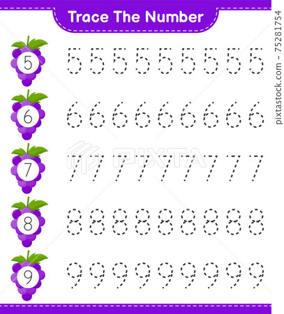 Trace the number. Tracing number with Grape. Educational children game, printable worksheet, vector illustration 75281754