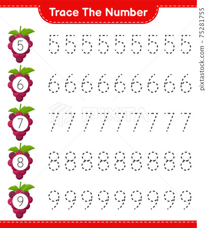 Trace the number. Tracing number with Grape. Educational children game, printable worksheet, vector illustration 75281755