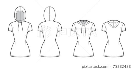 Set of Zip-up Hoody dresses technical fashion illustration with short sleeves, mini length, fitted body, Pencil fullness Set of Zip-up Hoody dresses technical fashion illustration with short sleeves, mini length, fitted body, Pencil fullness 75282488