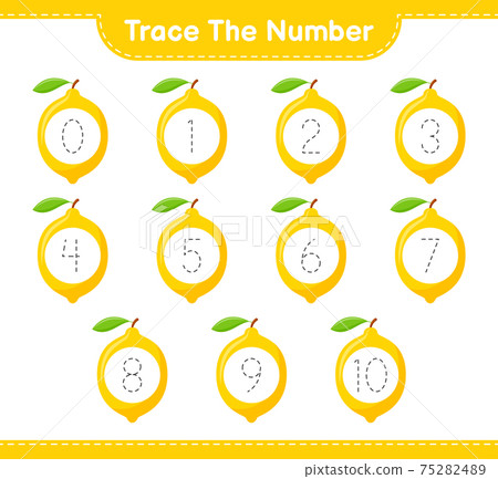 Trace the number. Tracing number with Lemon. Educational children game, printable worksheet, vector illustration Trace the number. Tracing number with Lemon. Educational children game, printable worksheet, vector illustration 75282489