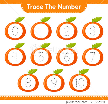 Trace the number. Tracing number with Tangerin. Educational children game, printable worksheet, vector illustration Trace the number. Tracing number with Tangerin. Educational children game, printable worksheet, vector illustration 75282491