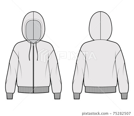 Zip-up Hoody sweatshirt technical fashion illustration with long sleeves, oversized body, knit rib cuff, banded hem Zip-up Hoody sweatshirt technical fashion illustration with long sleeves, oversized body, knit rib cuff, banded hem 75282507