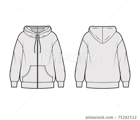 Zip-up Hoody sweatshirt technical fashion illustration with long sleeves, oversized body, kangaroo pouch, banded hem 75282512