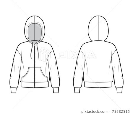 Zip-up Hoody sweatshirt technical fashion illustration with long sleeves, oversized body, kangaroo pouch, drawstring 75282515
