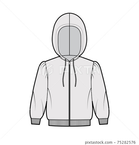 Zip-up Hoody sweatshirt technical fashion illustration with elbow sleeves, relax body, knit cuff, banded hem, drawstring 75282576