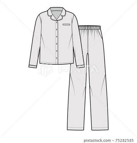 Set of Sleepwear Pajamas shirt, pants technical fashion illustration with full length, low waist, oversized, pockets 75282585