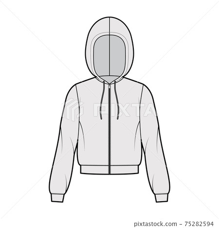 Zip-up Hoody sweatshirt technical fashion illustration with long sleeves, relax body, knit cuff, banded hem, drawstring 75282594