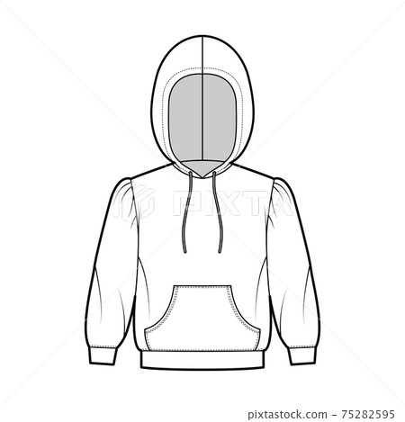 Hoody sweatshirt technical fashion illustration with elbow sleeves, relax body, kangaroo pouch, banded hem, drawstring 75282595