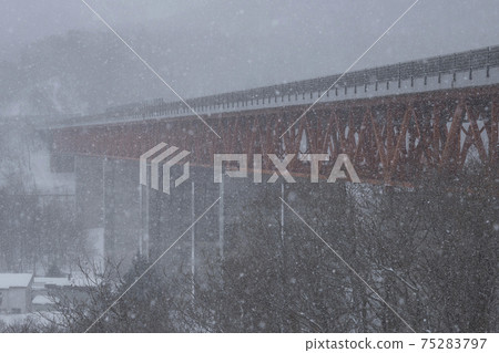 札幌高速公路上的鐵路橋在大雪中（北海道）陰霾 75283797