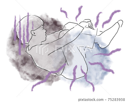 Watercolor hand-painted white background illustration of a woman holding her knees in shock and curling up Watercolor hand-painted white background illustration of a woman holding her knees in shock and curling up 75283938