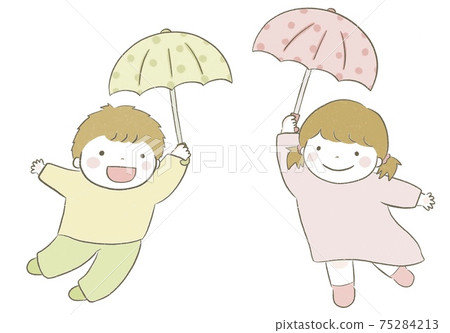 Smiley boys and girls flying with polka-dotted umbrellas 75284213