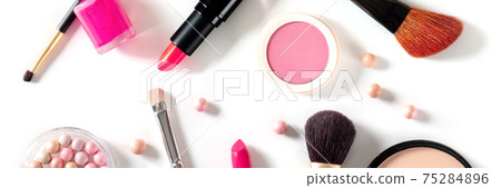 Makeup products and tools panorama, overhead flat lay shot 75284896