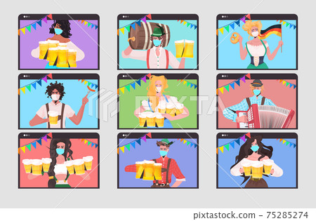 set mix race people in masks holding beer mugs Oktoberfest party celebration self isolation coronavirus pandemic set mix race people in masks holding beer mugs Oktoberfest party celebration self isolation coronavirus pandemic 75285274