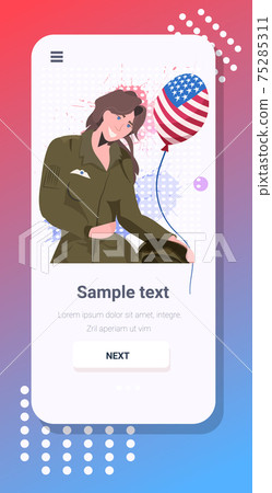 female pilot in uniform holding balloon with USA flag happy labor day celebration aviation concept 75285311