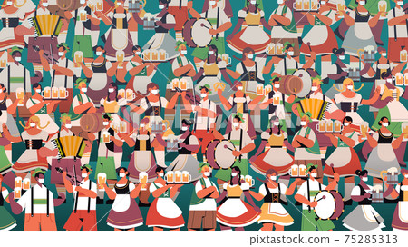 crowd of people in medical masks drinking beer Oktoberfest party celebration coronavirus quarantine concept 75285313