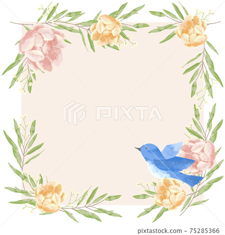 A frame of blue birds, roses, forget-me-nots and eucalyptus that carry happiness with a gentle touch A frame of blue birds, roses, forget-me-nots and eucalyptus that carry happiness with a gentle touch 75285366