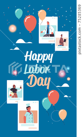 people of different occupations celebrating labor day mix race men women in web browser windows people of different occupations celebrating labor day mix race men women in web browser windows 75285369