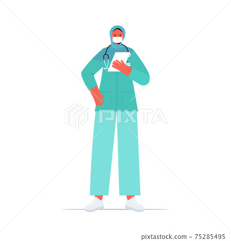 arab female doctor in uniform wearing mask to prevent coronavirus pandemic labor day celebration 75285495