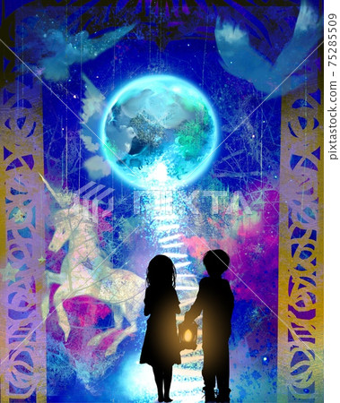 Illustration of a staircase leading to a blue shining full moon, an abandoned little brother, a beautiful old castle, a unicorn and a dove Illustration of a staircase leading to a blue shining full moon, an abandoned little brother, a beautiful old castle, a unicorn and a dove 75285509