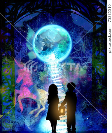 Illustration of a staircase leading to a blue shining full moon, an abandoned little brother, a beautiful old castle, a unicorn and a dove 75285510