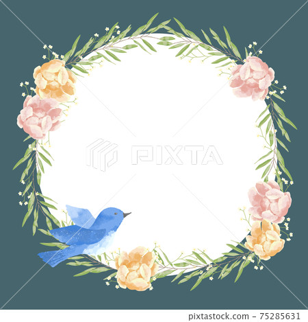 A frame of blue birds, roses, forget-me-nots and eucalyptus that carry happiness with a gentle touch A frame of blue birds, roses, forget-me-nots and eucalyptus that carry happiness with a gentle touch 75285631