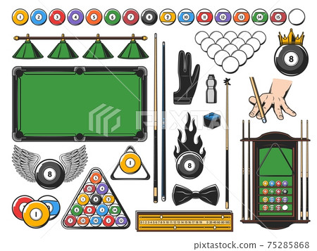 Pool snooker and billiards game equipment icons Pool snooker and billiards game equipment icons 75285868