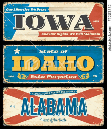 Iowa, Idaho and Alabama states vector metal plates 75285882