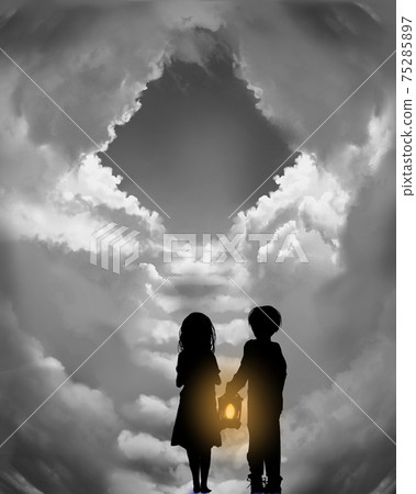 走在地獄與藍色的滿月和一盞燈在門口的被遺棄的兄弟的插圖 75285897