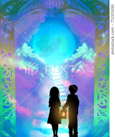 走在地獄與藍色的滿月和一盞燈在門口的被遺棄的兄弟的插圖 75285898