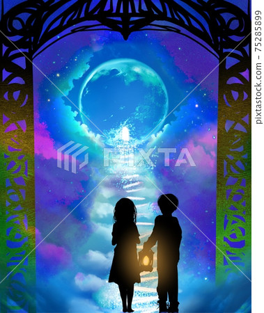 走在地獄與藍色的滿月和一盞燈在門口的被遺棄的兄弟的插圖 75285899