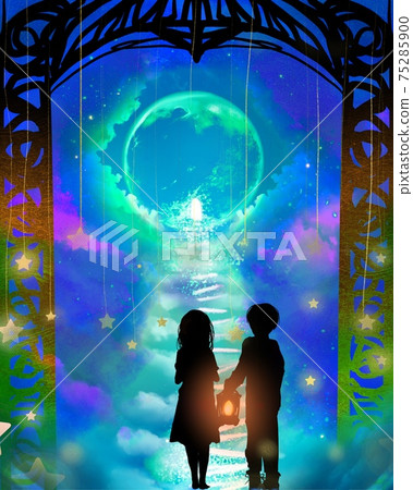 Illustration of abandoned brothers walking in the underworld with a blue full moon and a lamp over the gate 75285900