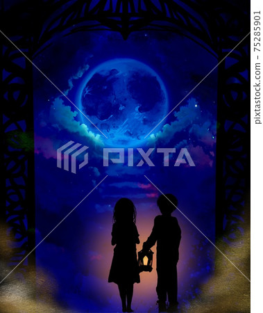 走在地獄與藍色的滿月和一盞燈在門口的被遺棄的兄弟的插圖 75285901