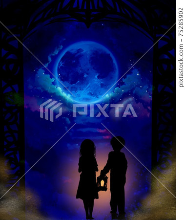 走在地獄與藍色的滿月和一盞燈在門口的被遺棄的兄弟的插圖 75285902