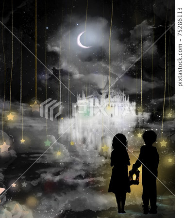 一個被遺棄的兄弟與發光的城堡和一盞燈走在一個神秘的雲層世界的新月月亮下的插圖 75286113