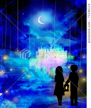 一個被遺棄的兄弟與發光的城堡和一盞燈走在一個神秘的雲層世界的新月月亮下的插圖 75286114