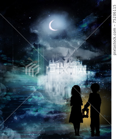 Illustration of an abandoned brother with a shining castle and a lamp walking under a crescent moon in a mysterious world of clouds Illustration of an abandoned brother with a shining castle and a lamp walking under a crescent moon in a mysterious world of clouds 75286115