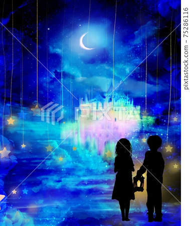 一個被遺棄的兄弟與發光的城堡和一盞燈走在一個神秘的雲層世界的新月月亮下的插圖 75286116