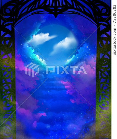Cloud stairs leading to heaven and moonlight and blue planets shining in the blue sky 75286282