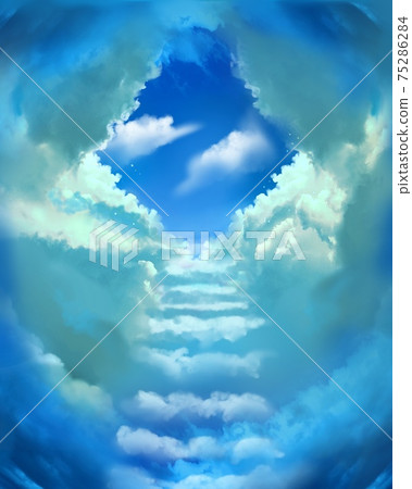 Cloud stairs leading to heaven and moonlight and blue planets shining in the blue sky Cloud stairs leading to heaven and moonlight and blue planets shining in the blue sky 75286284