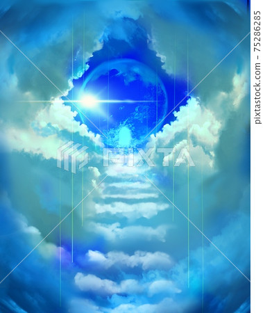 雲樓梯通往天堂和月光,藍色的行星在蔚藍的天空中閃耀 雲樓梯通往天堂和月光,藍色的行星在蔚藍的天空中閃耀 75286285