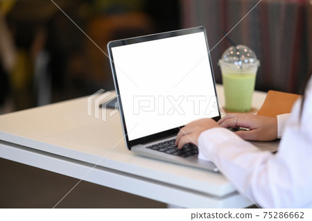Close up view of female hands typing on laptop computer while sitting in modern cafe. 75286662
